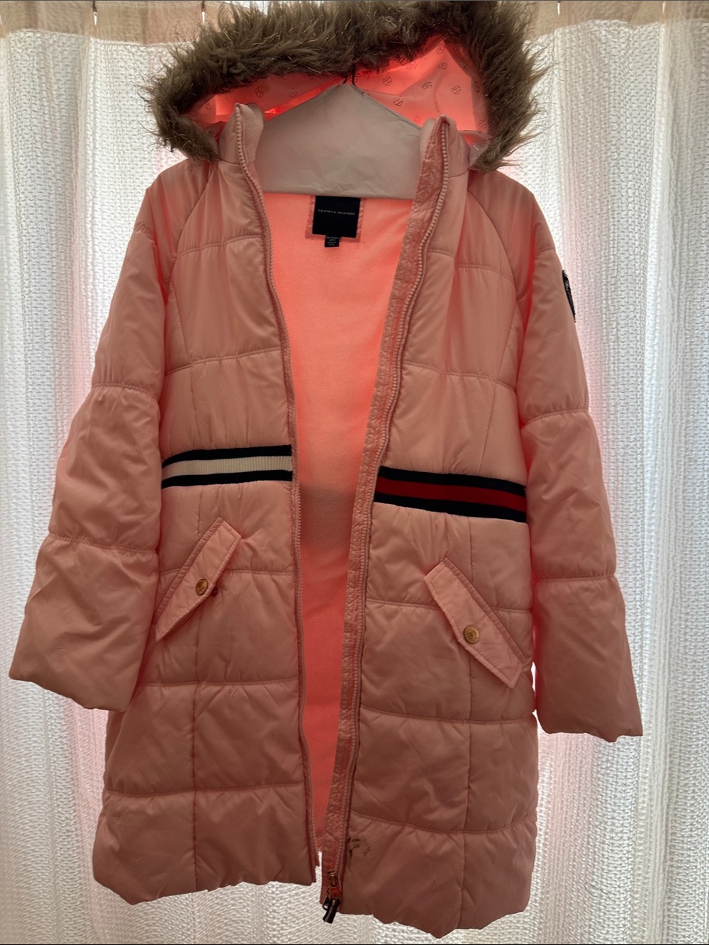 Tommy Hilfiger Girls' Pink Quilted Hooded Coat with Faux Fur Trim
